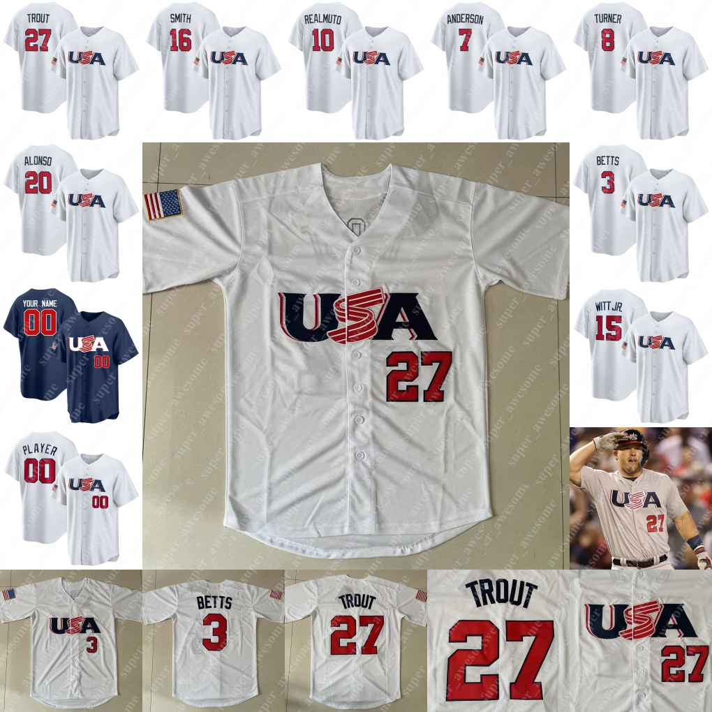 Team USA Baseball Jersey Mike Trout Trea Turner J. T. Realmuto Nolan Arenado Mookie Betts Tim Anderson Will Smith Lance Lynn Kyle Schwarber Bobby Witt Jr. Jeff McNeil