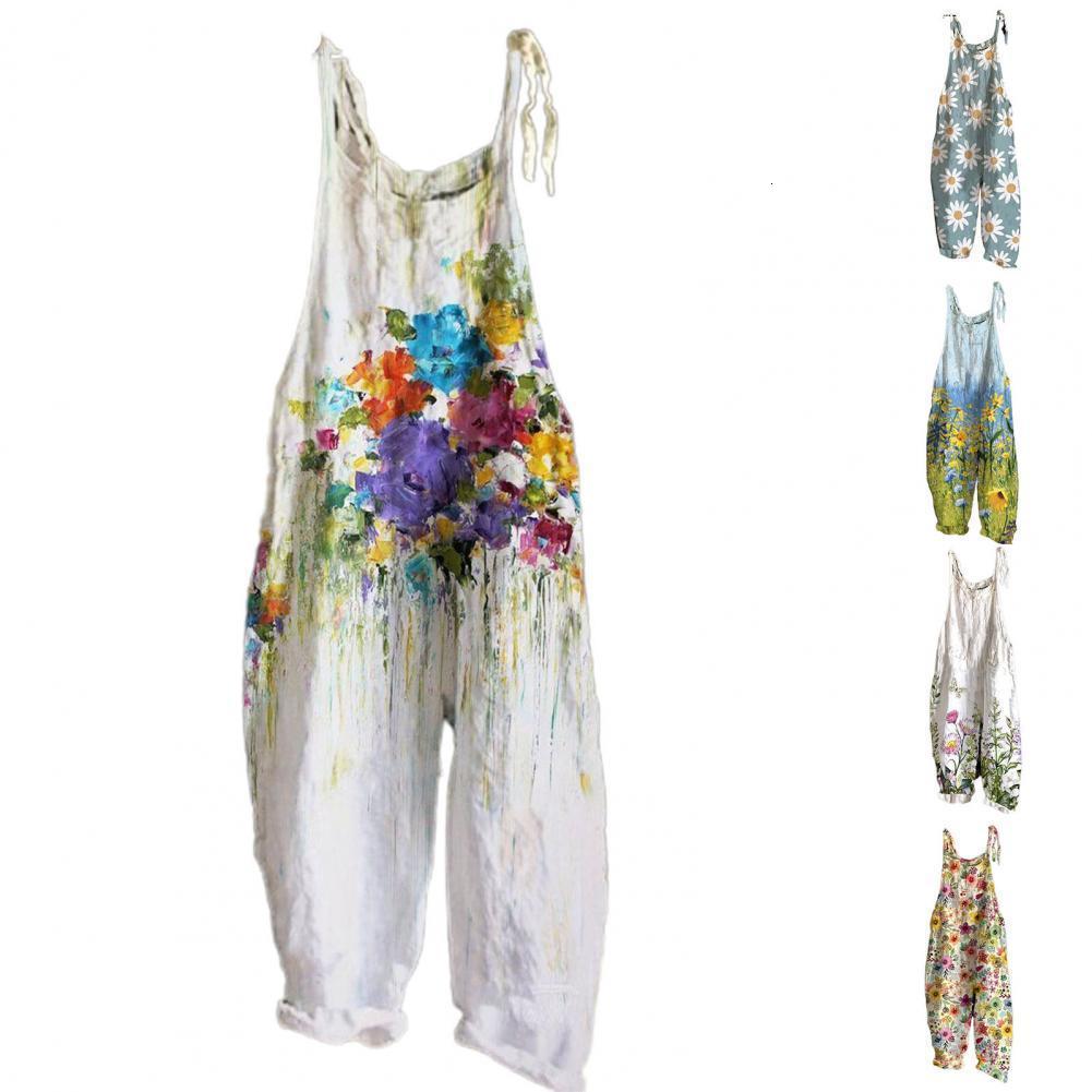 Women's Jumpsuits Rompers Women Strap Loose Jumpsuit Summer Casual Wide Leg Pants Flower Print Dungaree Overalls Sleeveless Oversized Cotton Jump