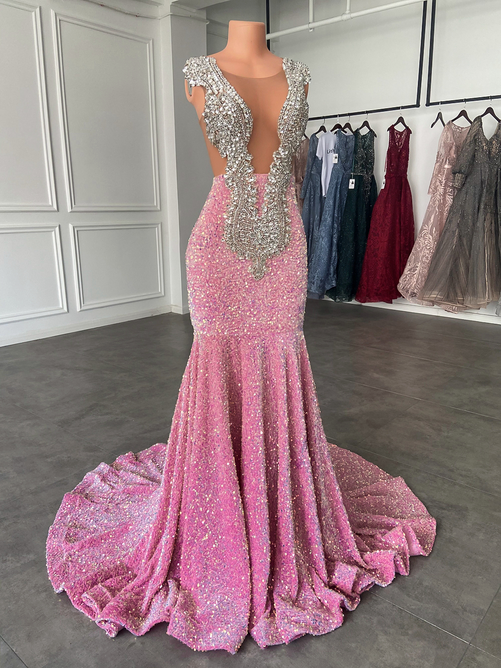 Sparkly Pink Mermaid Prom Dresses With Silver Sequins Beads Sexy V Neck Evening Gowns For Black Girls Graduation Party Met Gala Evening Gowns Vestidos