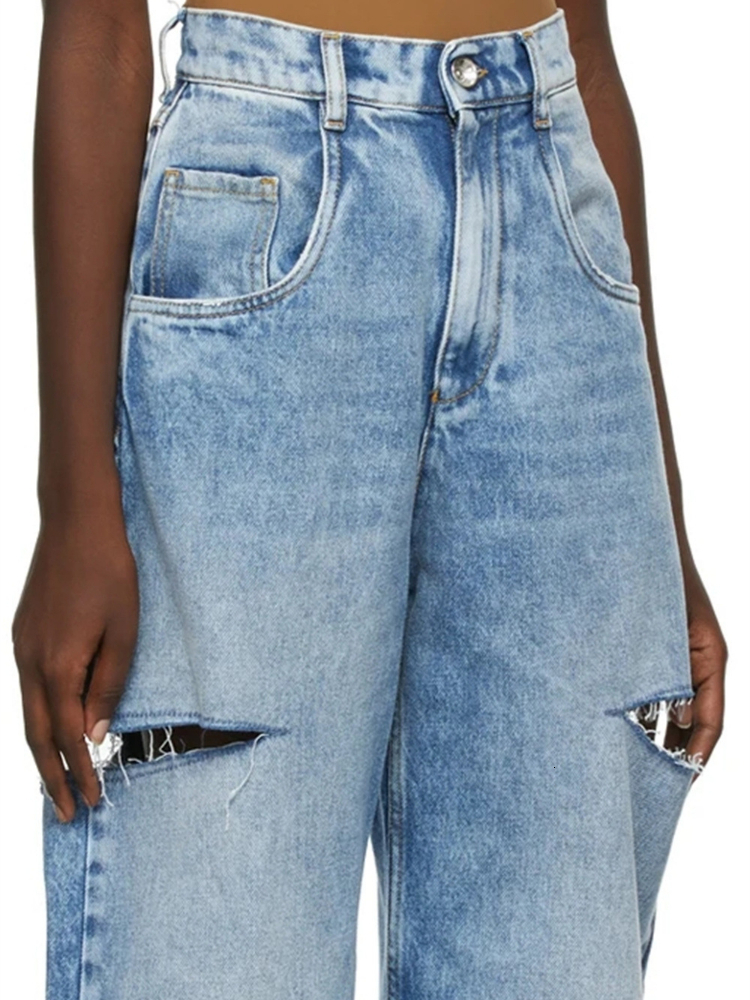 Women's Jean Jeans Pants Spring And Summer Washed Blue Ripped Wide Leg High Waist Hollow Female Casual