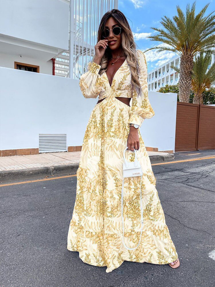 Women Tunic Beach Cover Up Dress 2023 Summer V-Neck Backless Hollow Out Lantern Sleeve Long Dresses Female Club Party Maxi Dress