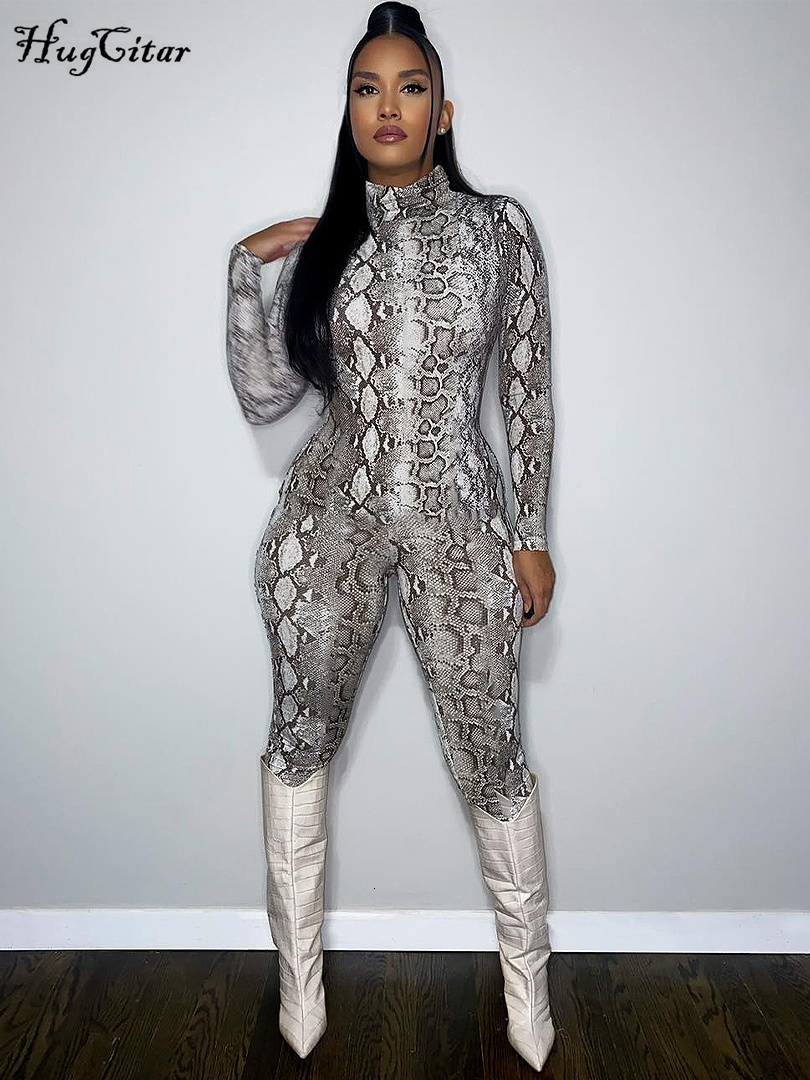 Women's Jumpsuits Rompers Hugcitar Snake Print Turtleneck Long Sleeve Zip Up Sexy Bodycon Jumpsuit Winter Women Streetwear Sport Casual Y2K Rompe