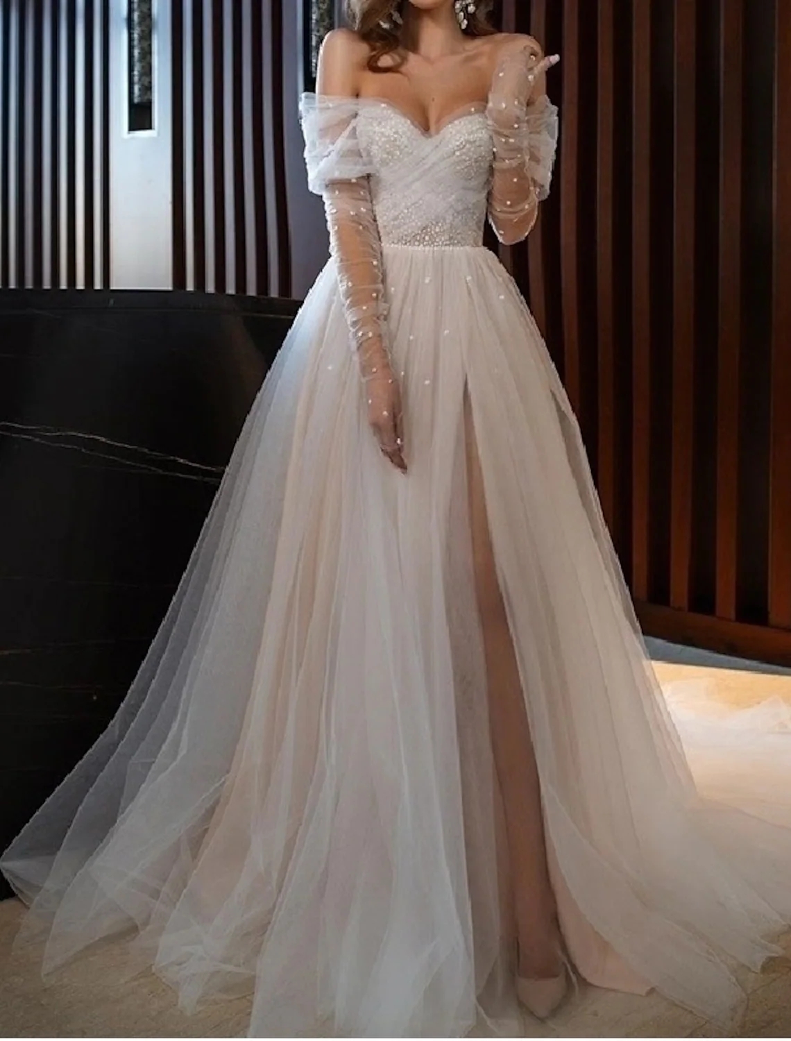 Beach Boho Wedding Dress 2023 Long Sleeve Off Shoulder Tulle Split Front Bridal Gowns Women Summer Robe de Mariage