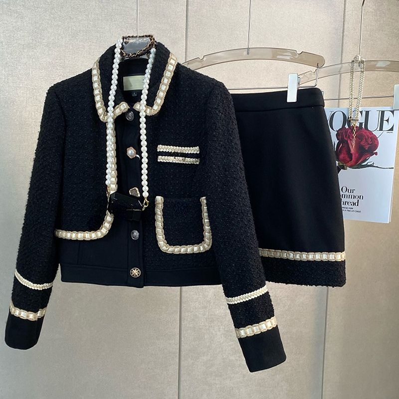 Two Piece Dress Winter Vintage Small Fragrant Black Tweed Coat Woolen Jacket Two Suit Wrap Hip Mini Skirts Dress Sets Fashion Clothes Women 230323