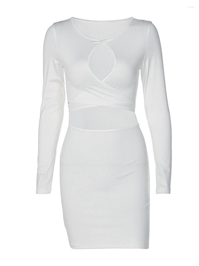 Casual Dresses Sexy Bodycon Mini Dress Women Party Wild Solid Color O-Neck Long Sleeve Waist Hollow Out Back Tie-up Skinny Wrapped Ladies