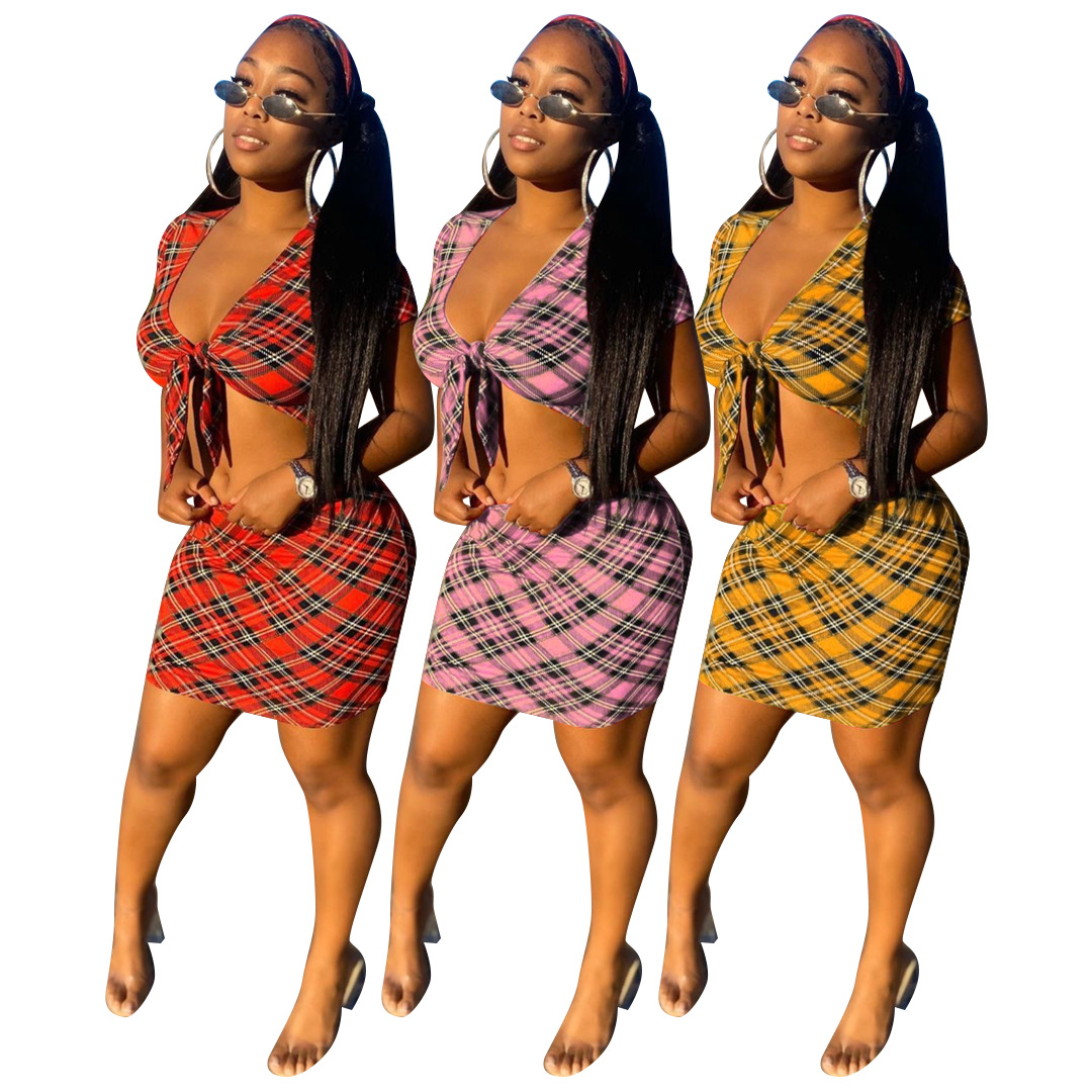 plus size womens casual plaid print bundled skirt suit tide size s2xl
