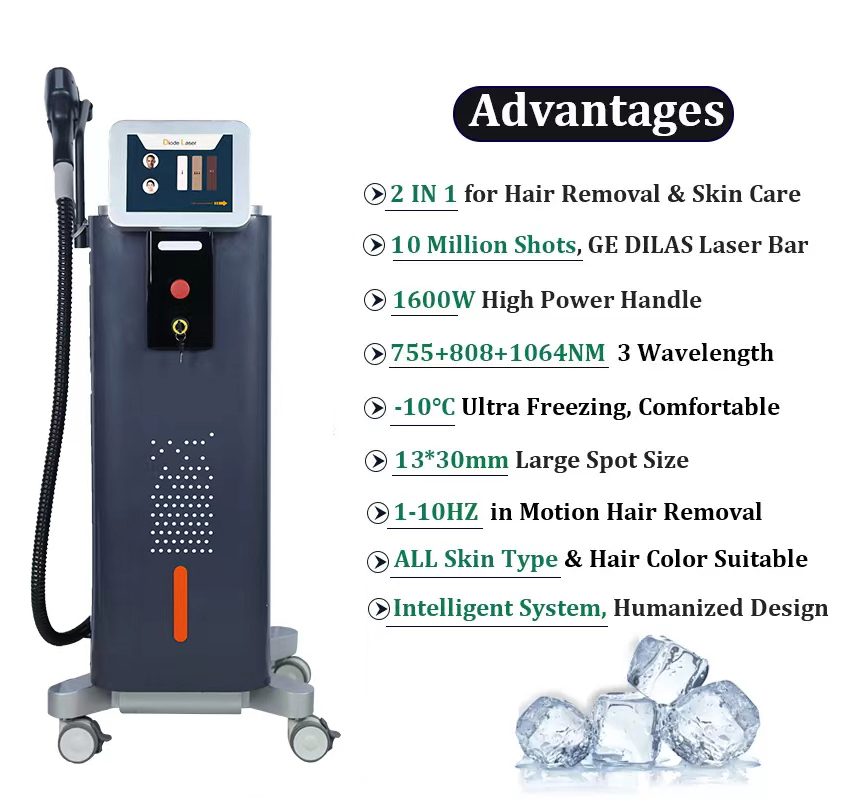 Laser diode Hair Removal Therapy skin rejuvenation 755nm 808nm 1064nm Triple Wavelength 1600W big spot