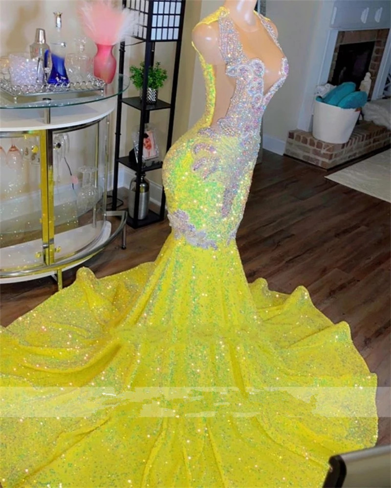 Yellow Sheer O Neck mermaid Evening dresses For Black Girls 2023 Gillter Sequined Crystal prom Gowns vestidos ceremonia
