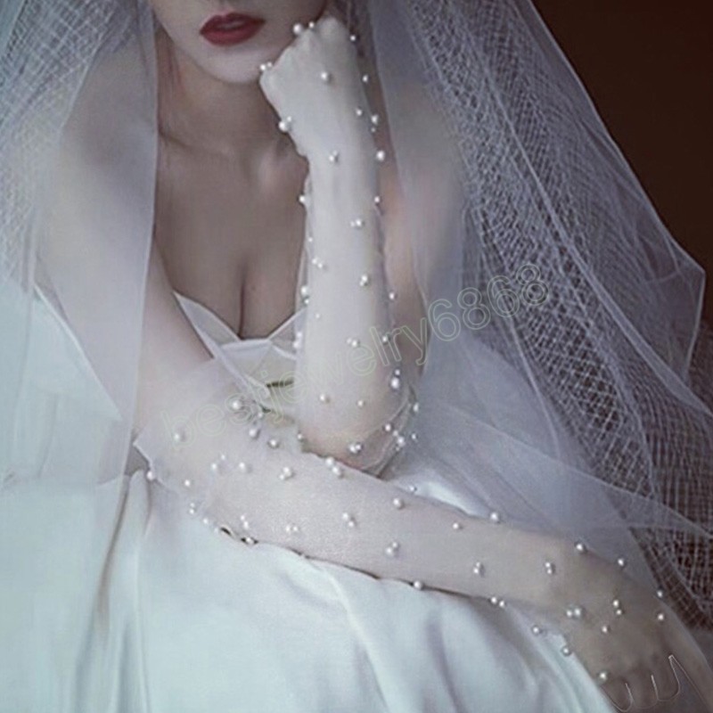 Long Lace Pearl Chiffon Gloves Tulle Summer Mesh Anti-uv Party Wedding Full Finger Marriage Bride Women Vintage Party Gloves