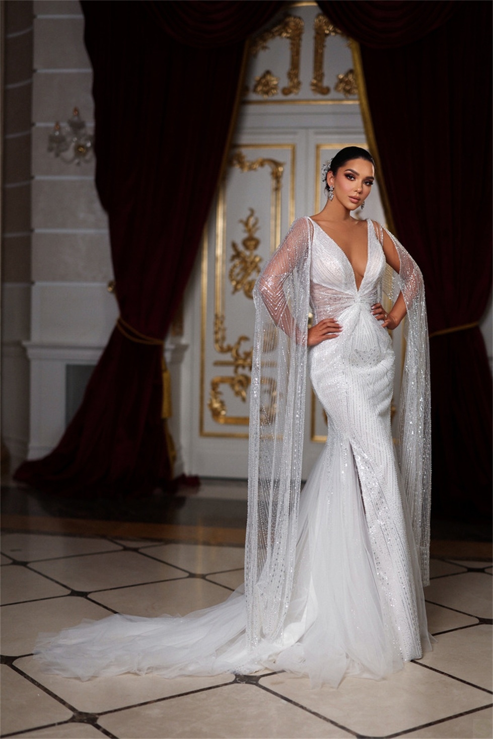 Luxury Mermaid Wedding Dresses Deep V-neck Shining Sequined Special Design Backless Pleats Zipper Chapel Gown Custom Made Plus Size Bridal Gown Vestid