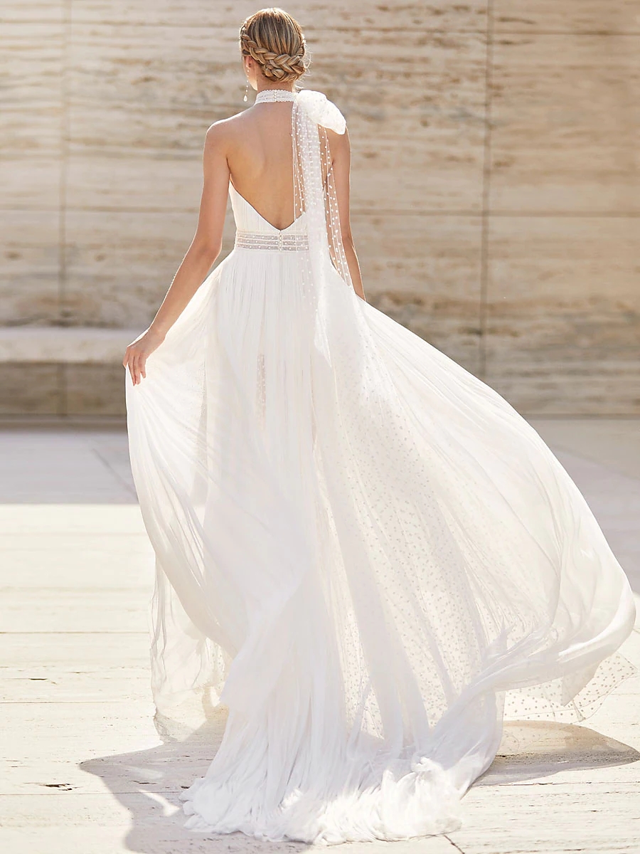 Beach Boho Wedding Dress 2023 A-Line High Neck Sleeveless Dot Tulle Backless Bridal Gowns Women Summer Vestidos De Noiva Robe de Mariage
