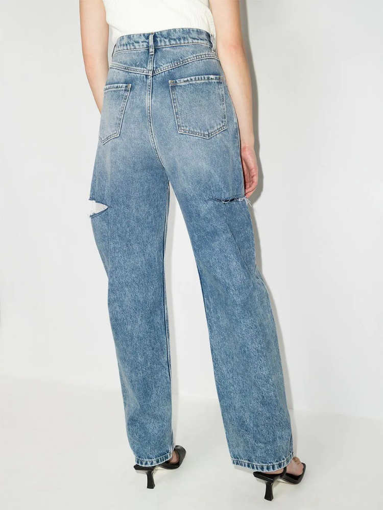 Women's Jean Jeans Pants Spring And Summer Washed Blue Ripped Wide Leg High Waist Hollow Female Casual