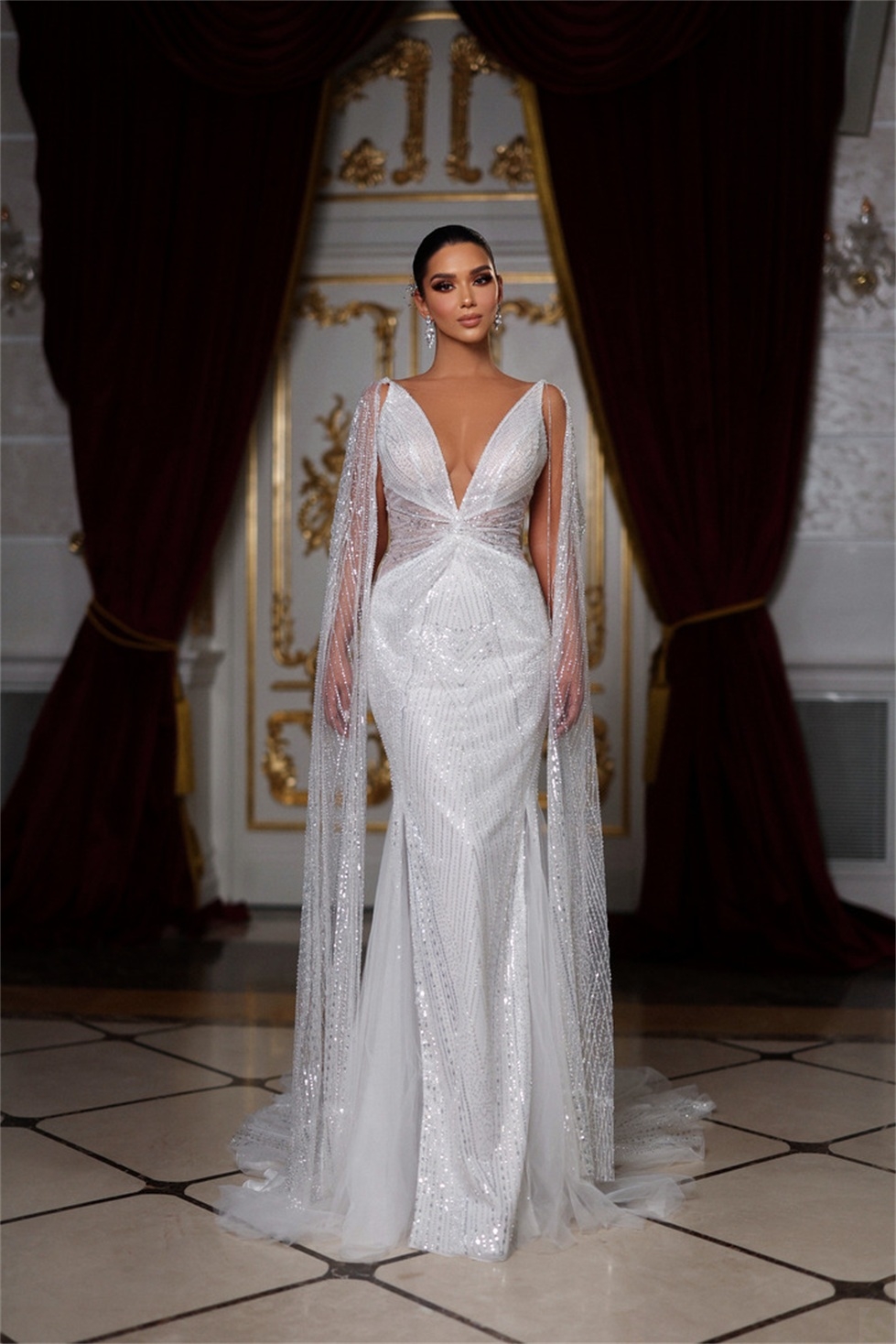 Luxury Mermaid Wedding Dresses Deep V-neck Shining Sequined Special Design Backless Pleats Zipper Chapel Gown Custom Made Plus Size Bridal Gown Vestid