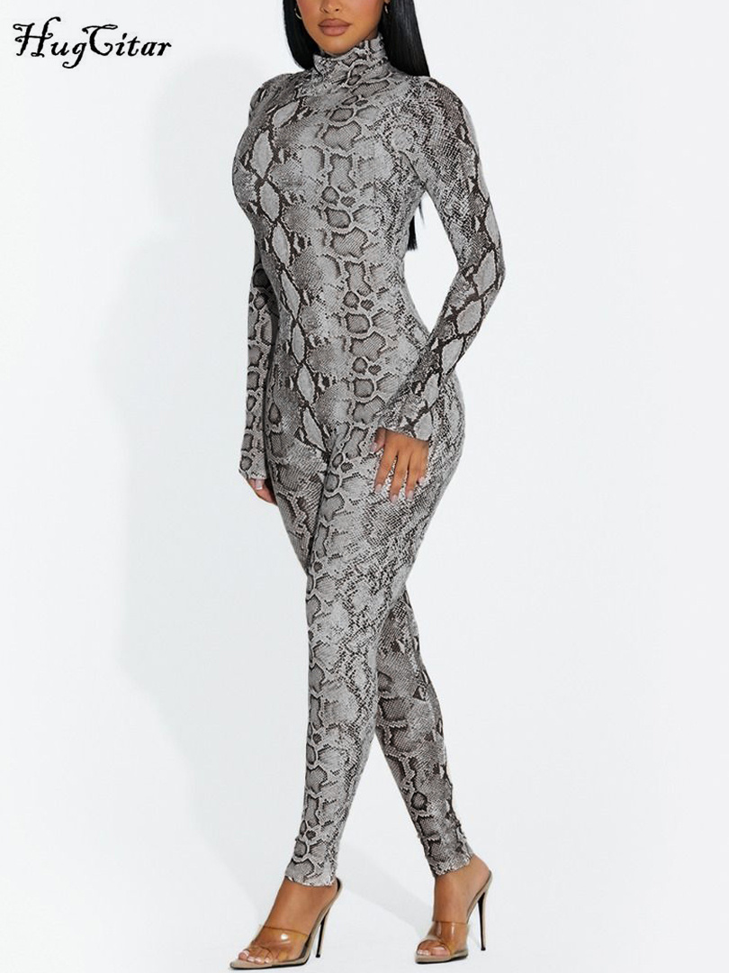 Women's Jumpsuits Rompers Hugcitar Snake Print Turtleneck Long Sleeve Zip Up Sexy Bodycon Jumpsuit Winter Women Streetwear Sport Casual Y2K Rompe