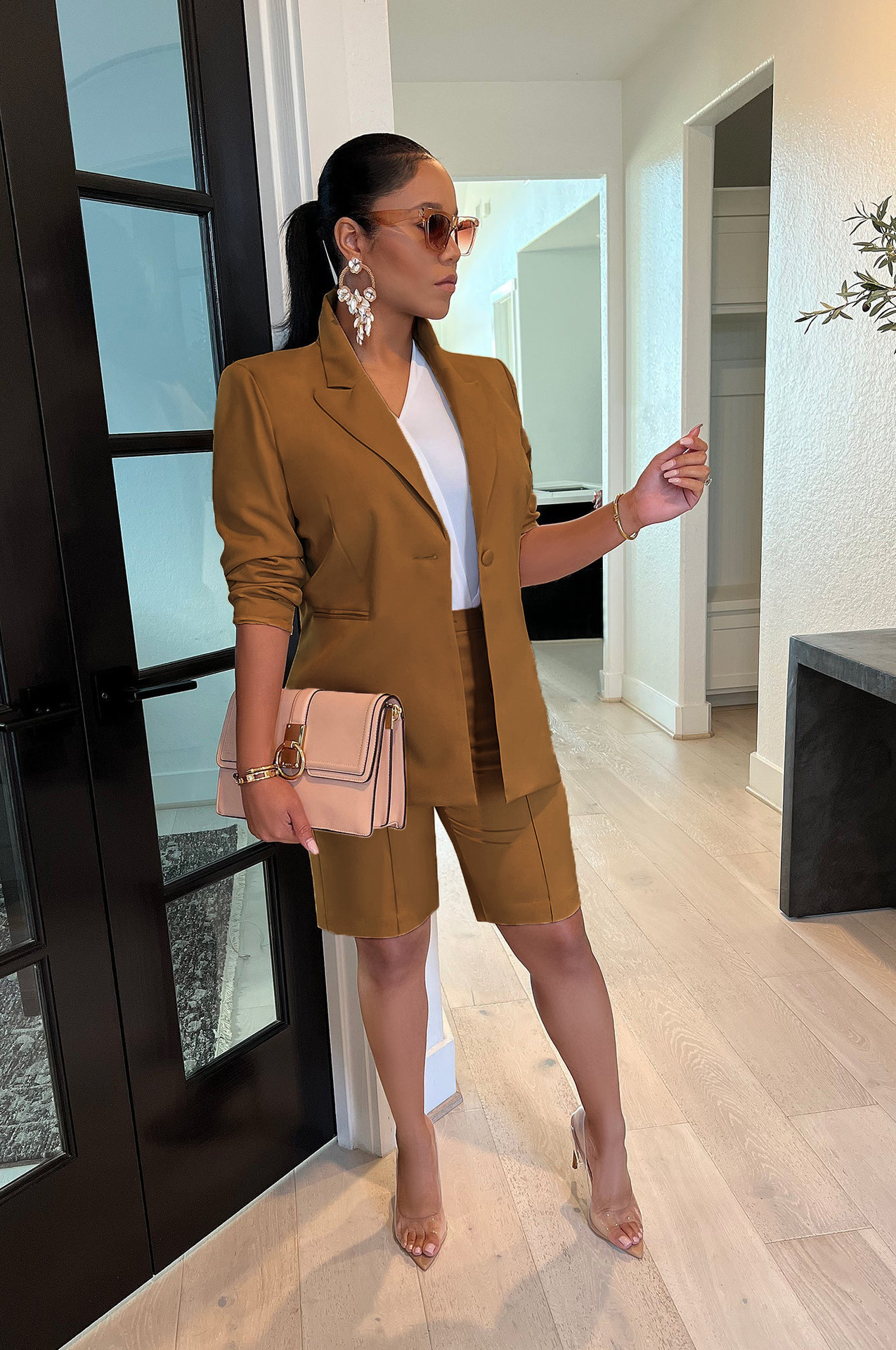 Women's Two Piece Pants Autumn Fashion Elegant Set Office Ladies Solid Slim Blazer Shorts for 230322