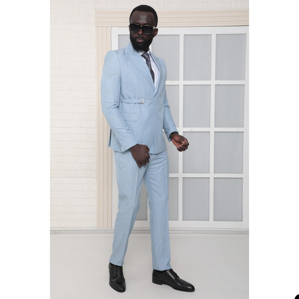 Light Blue Men Wedding Tuxedos Peaked Breasted Mens Business Coat Formal Party Wear Jacket Pants Suits 2 Pieces