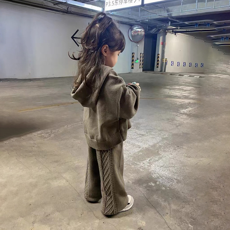 Clothing Sets Children Clothing Autumn Winter Girls Casual Sweater Set Hooded Knitted Coat and Pants Two Piece Set Korean Kids Clothes 230323