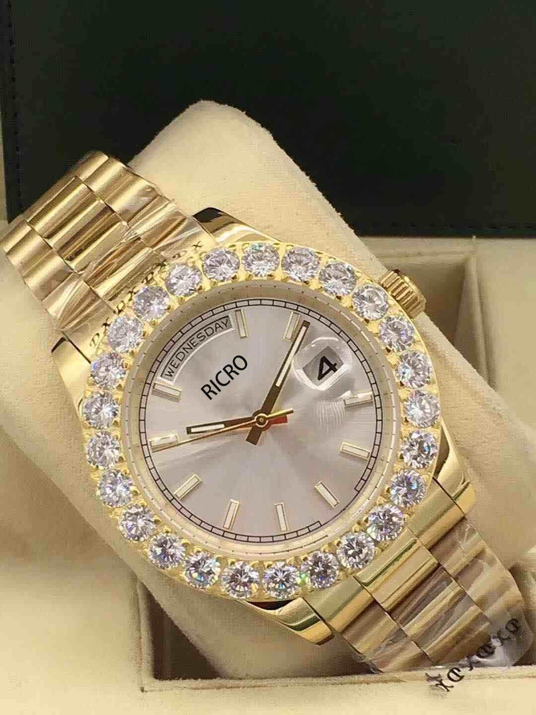 Luxury designer men's mechanical watch 18k gold diamond ring mouth 44mm dial week calendar series 316 fine steel sports watch