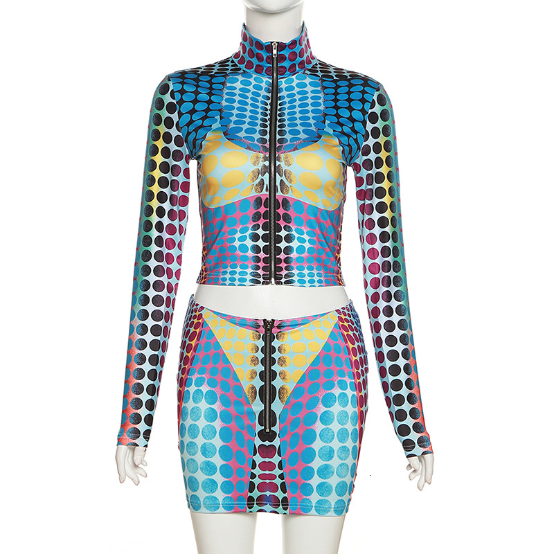 Two Piece Dress 3D Underwear Print Polka Dots Two Piece Set Dress Women Zipper Turtleneck Long Sleeve Crop Top Mini Skirts Spring Suits 230323