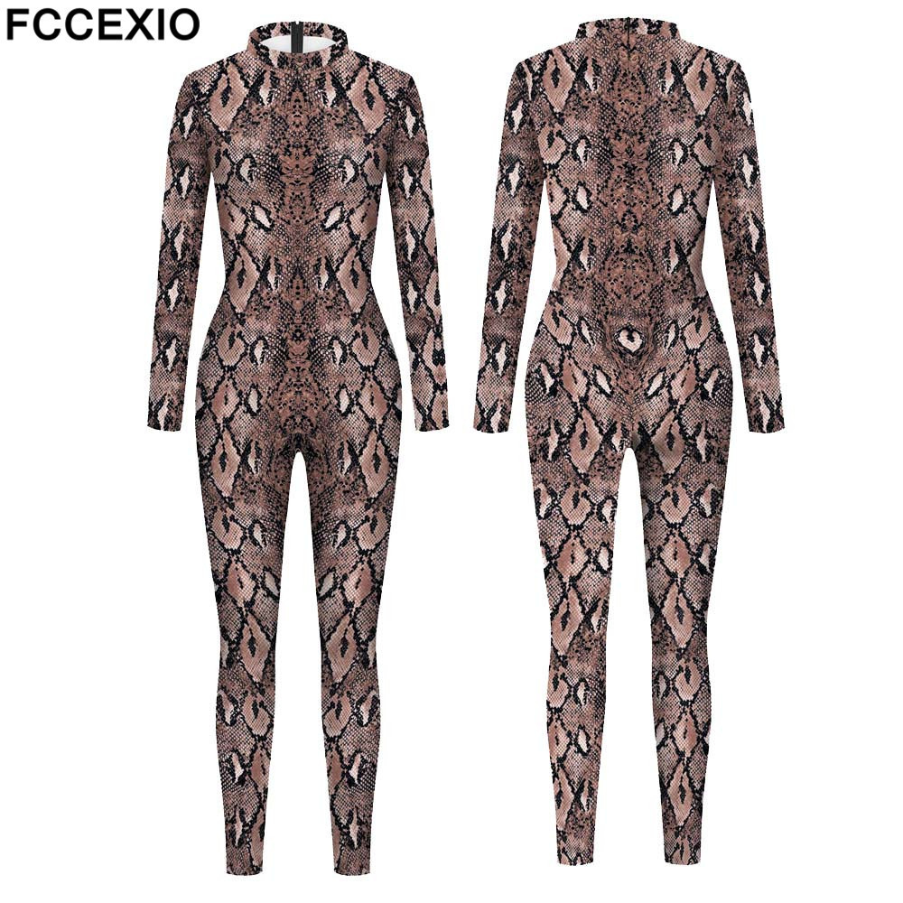Women's Jumpsuits Rompers FCCEXIO Women's Jumpsuit Sexy Snake Printed Romper Bodycon Female Body Outfits Party Bodysuit Cosplay Costumes 230