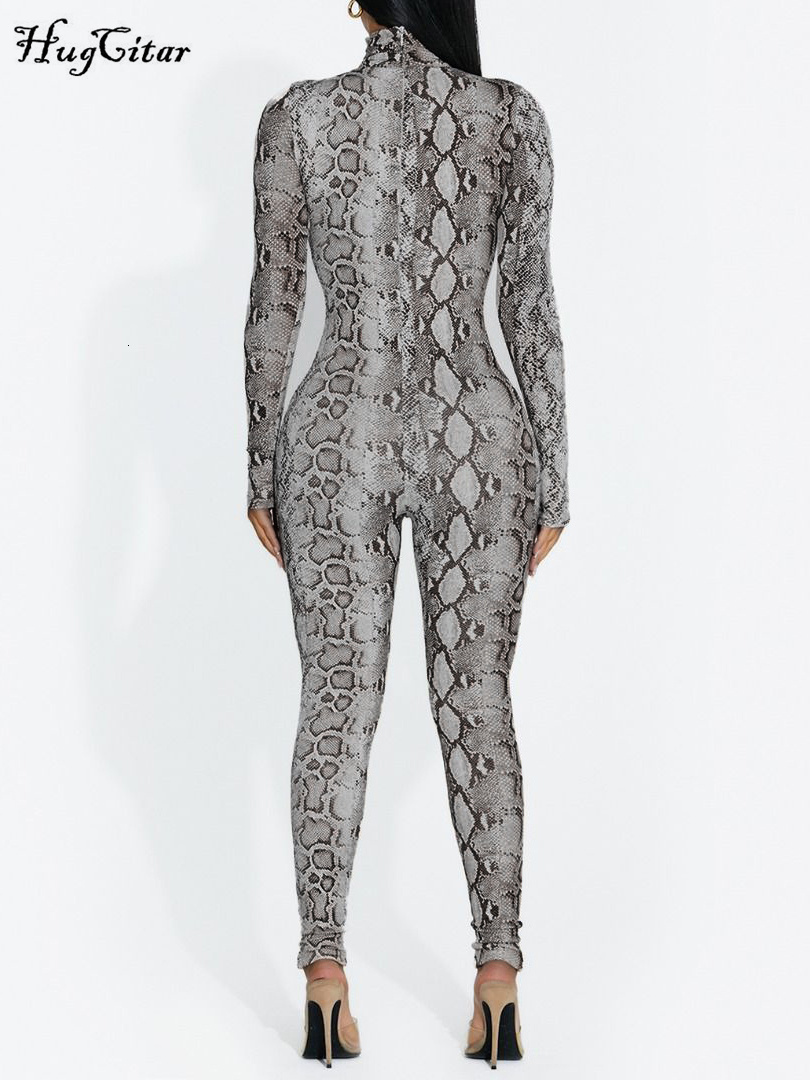 Women's Jumpsuits Rompers Hugcitar Snake Print Turtleneck Long Sleeve Zip Up Sexy Bodycon Jumpsuit Winter Women Streetwear Sport Casual Y2K Rompe