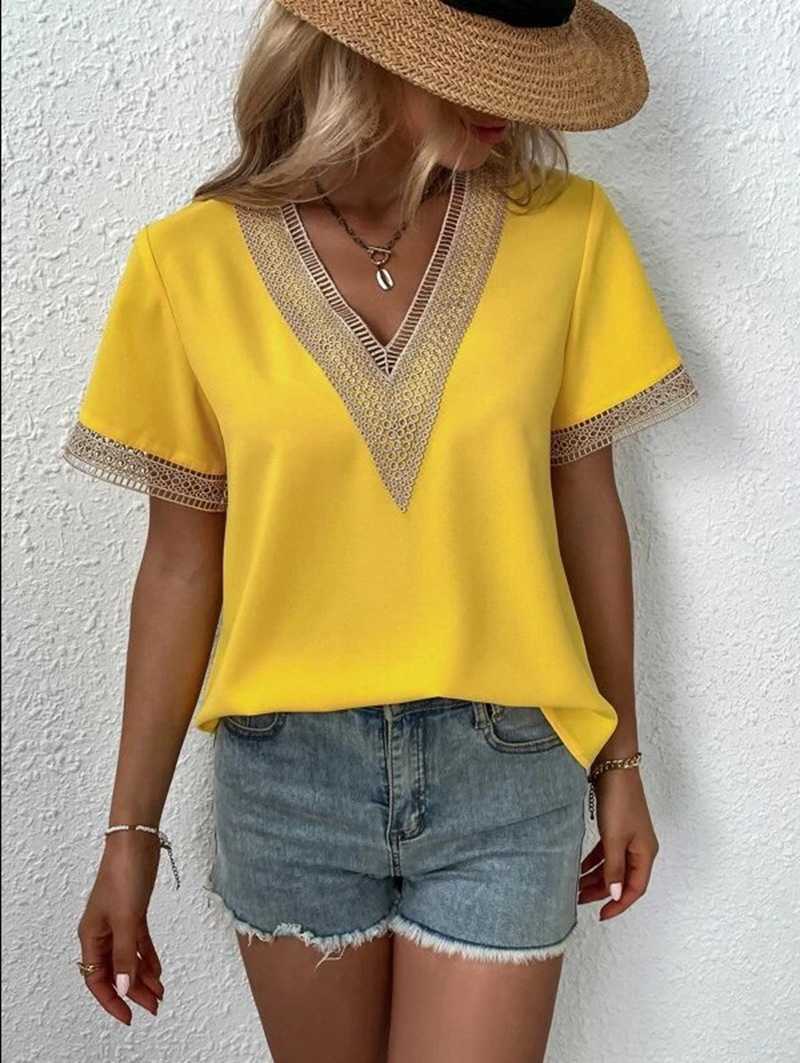 2023 New Women's V-neck Lace Casual Solid Shirt chiffon plus sized Blouse silk womens summer tops blouses