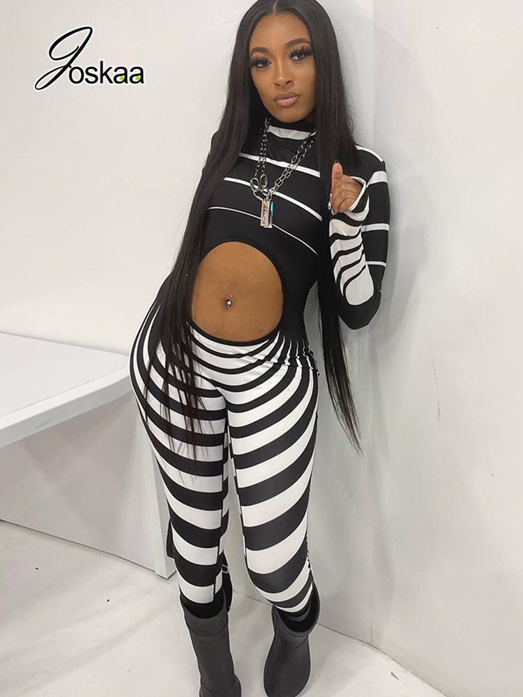 Women's Jumpsuits Rompers Joskaa Black White Stripe Hollow-out Long Sleeve Trend Jumpsuit Women Fashion Fitness Sports Bodycon Romper Sexy Street