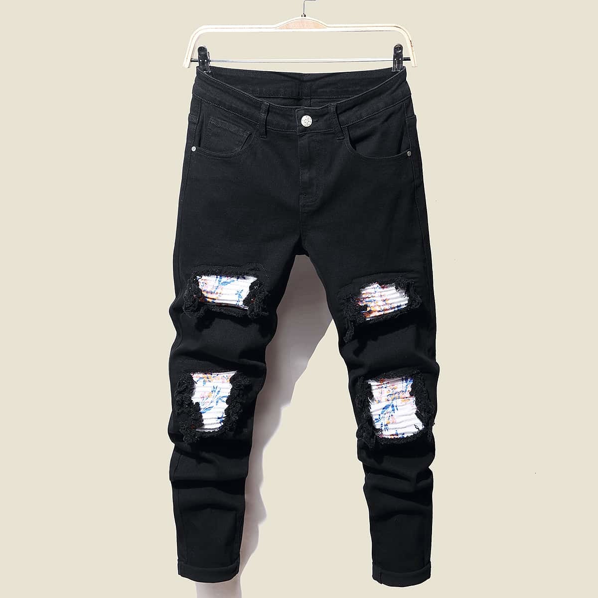 Mens Jeans Men Stretchy Ripped Skinny Biker Embroidery Cartoon Print Jeans Destroyed Hole Slim Fit Denim High Quality Hip Hop Black Jeans 230323