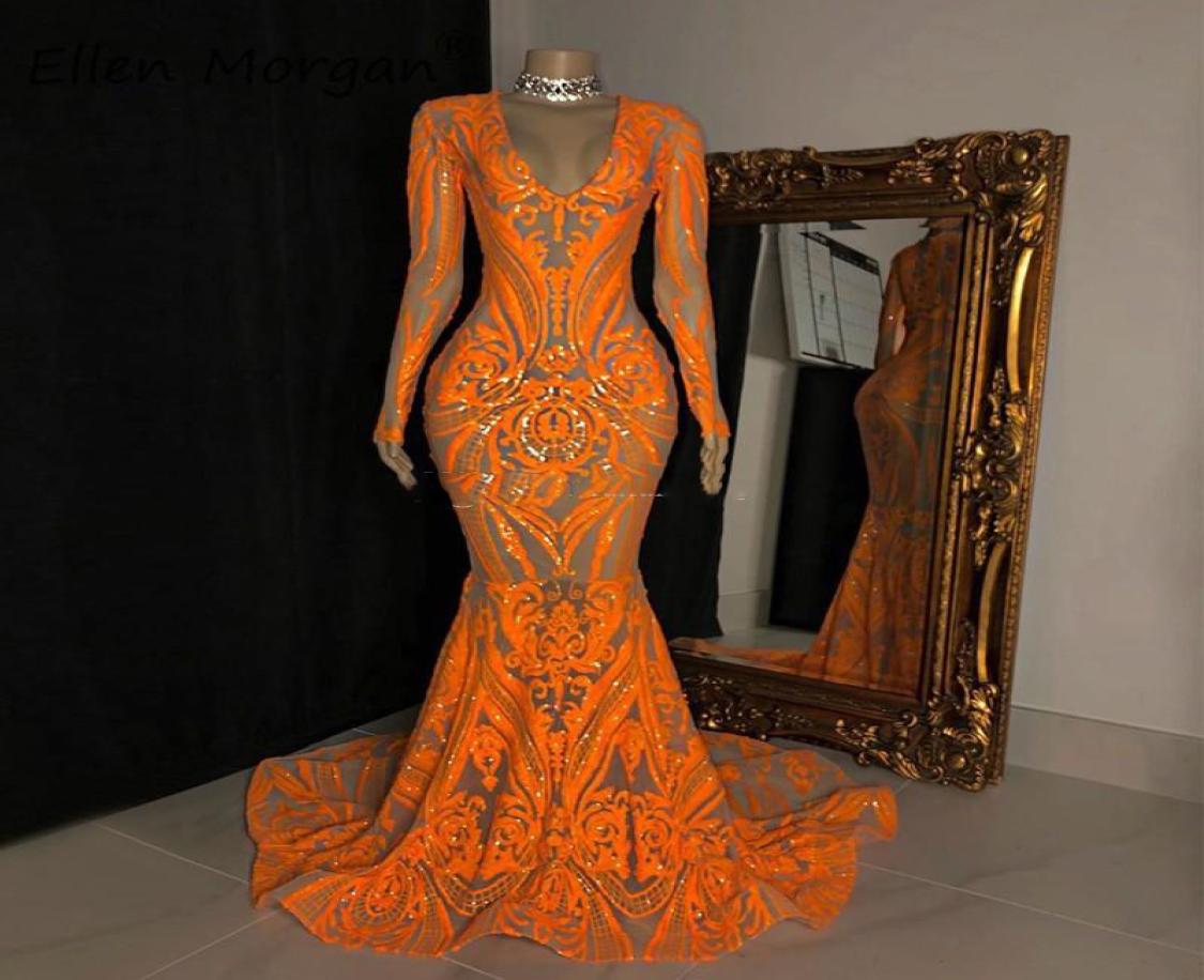 Orange See Through Prom Dresses South African Lace Long Sleeves Mermaid Evening Gowns Sweep Train Formal Party Dress Custom Made