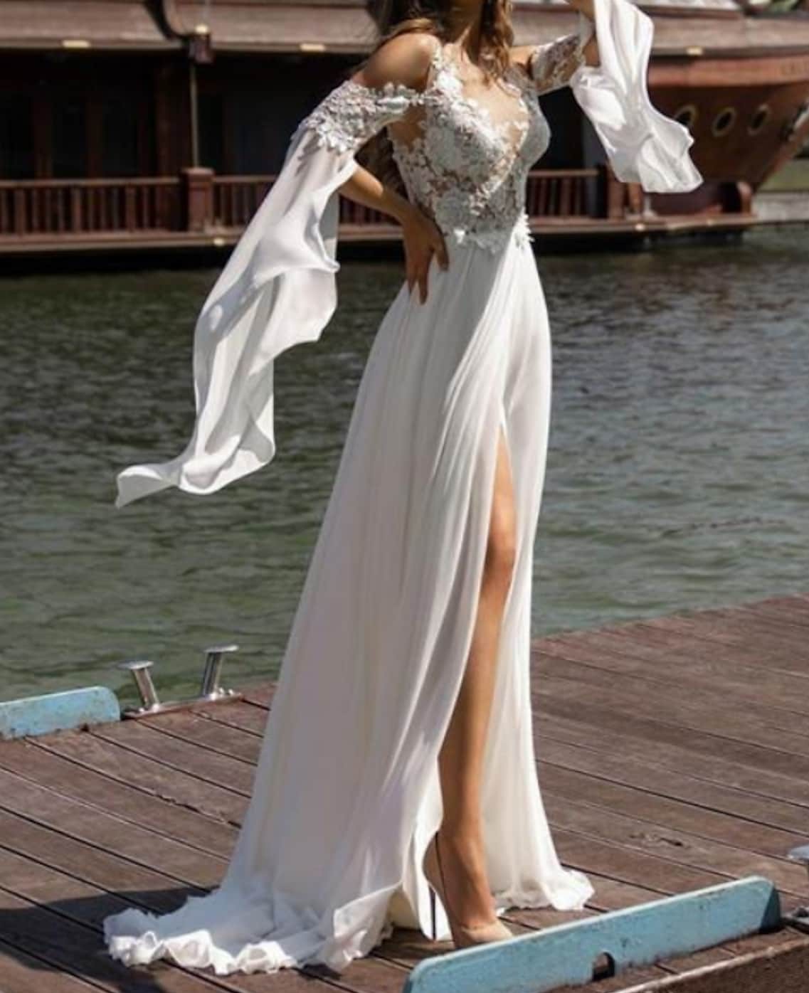 Beach Boho Wedding Dress 2023 Sheer Long Sleeve Off Shoulder Chiffon Lace Split Front Bridal Gowns Women Summer Sexy Robe de Mariage