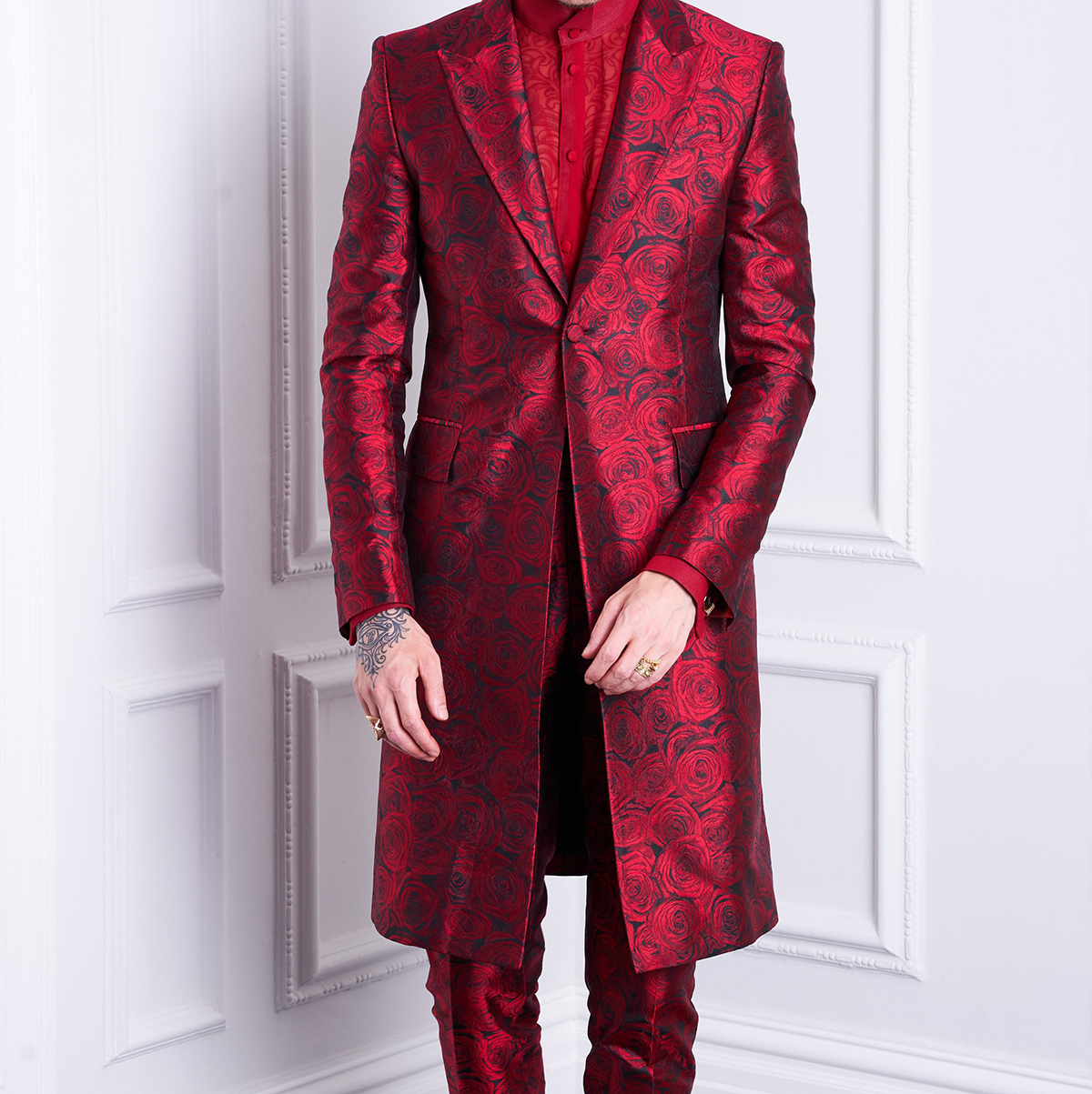 High-end Rose Flower Printing Mens Tuxedo Floral Suits Jackets Pants Wedding Party Slim Fit Men Dress Blazers Set Plus Size