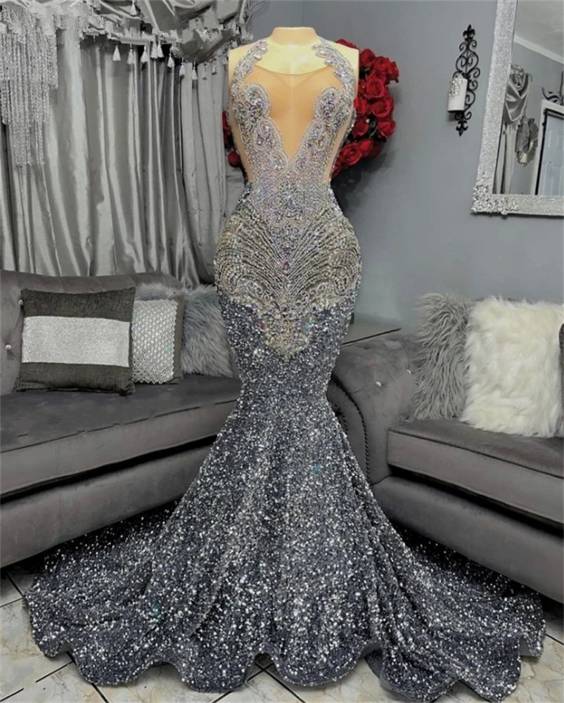 Silver mermaid Long Prom Dresses For Black Girls Beaded Crystal Diamond Birthday Sparkly Sequined catwalk couture Evening Gowns
