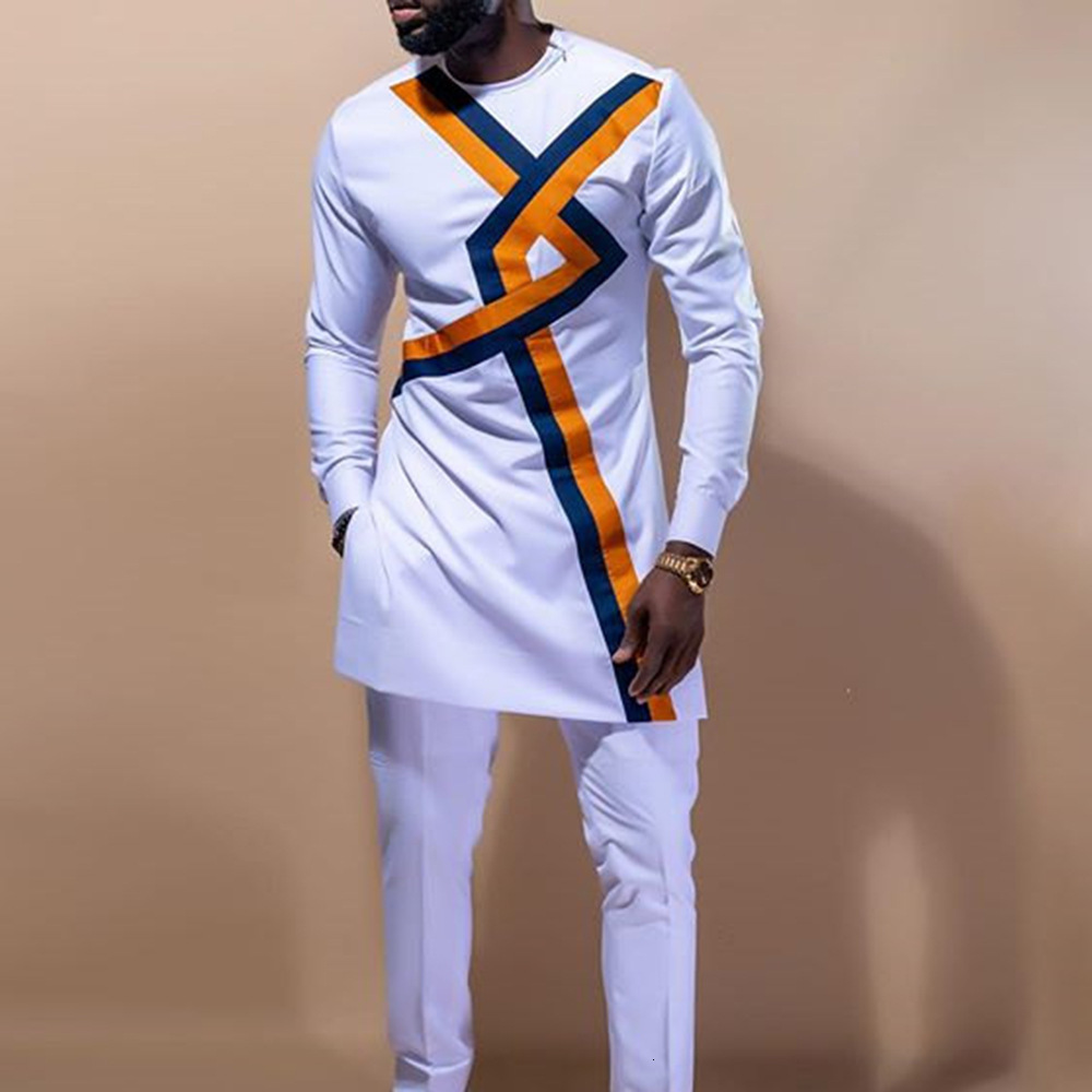 Mens Tracksuits Men Dashiki Long Sleeve Shirt White Trouser Set Mens 2 Pieces Outfit Suit Traditional Male Clothes Tshirt Pant Suits For Men 230323