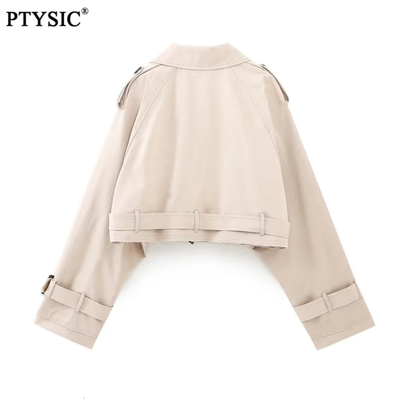 Women's Jackets PTYSIC Women Vintage Oversize Cropped Trench Coat Long Sleeves With Tabs Belt Double Breasted Button Jacket 230323