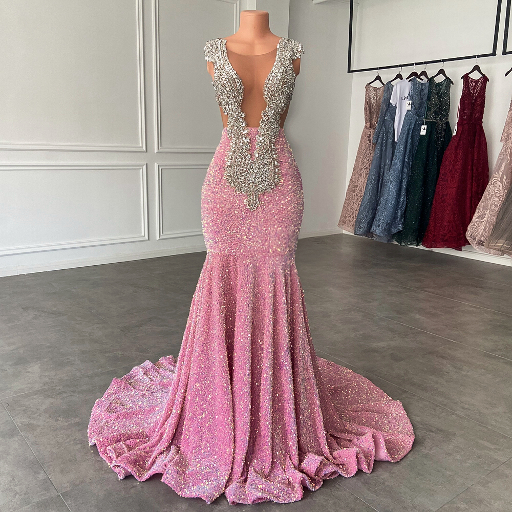 Sparkly Pink Mermaid Prom Dresses With Silver Sequins Beads Sexy V Neck Evening Gowns For Black Girls Graduation Party Met Gala Evening Gowns Vestidos