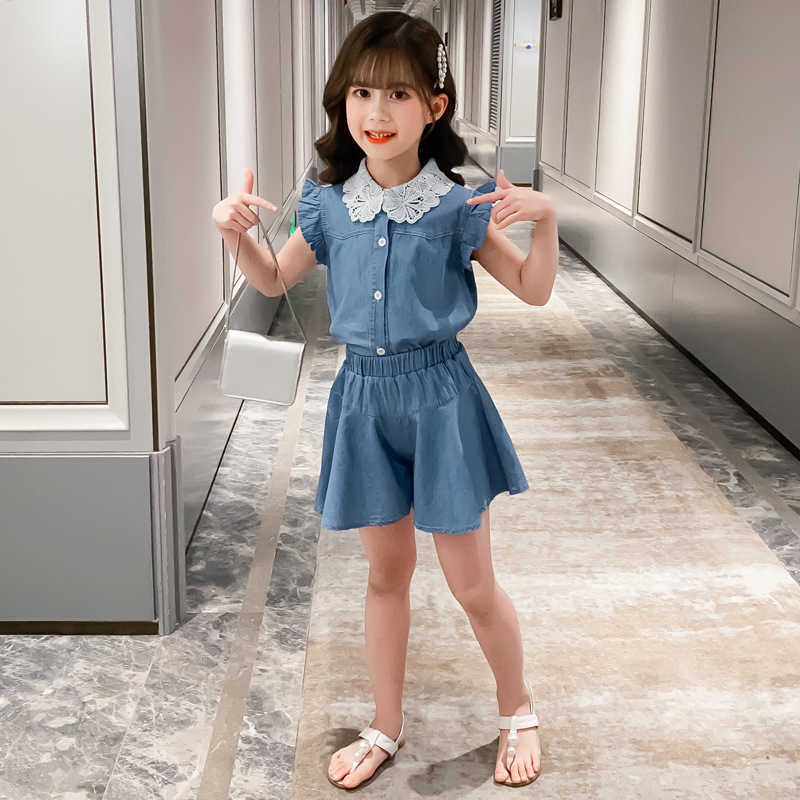 Clothing Sets Girls Clothing Sets Summer Fashion Lapel Sleeveless Tops and Shorts Sets Teen Kids Clothes Suit Children Denim Girls Tracksuit AA230322