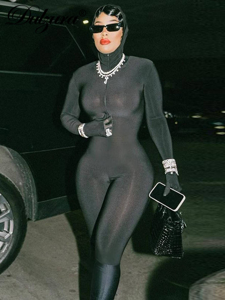 Women's Jumpsuits Rompers Dulzura Sexy Y2K Clothes Long Sleeve Bodycon Skinny Zipper Gloves Hoodies Jumpsuit Women Sporty Streetwear Romper Fall 