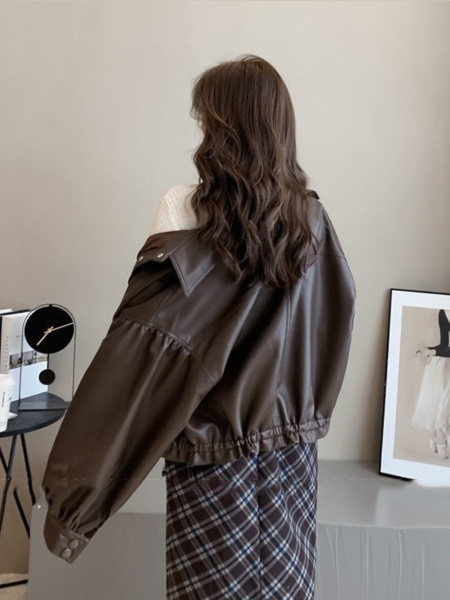 Women's Jackets Fashionable Simple Black Leather Coat for Women 2023 Spring Retro Loose Casual Short PU Jacket Cool Female Casacos 230324