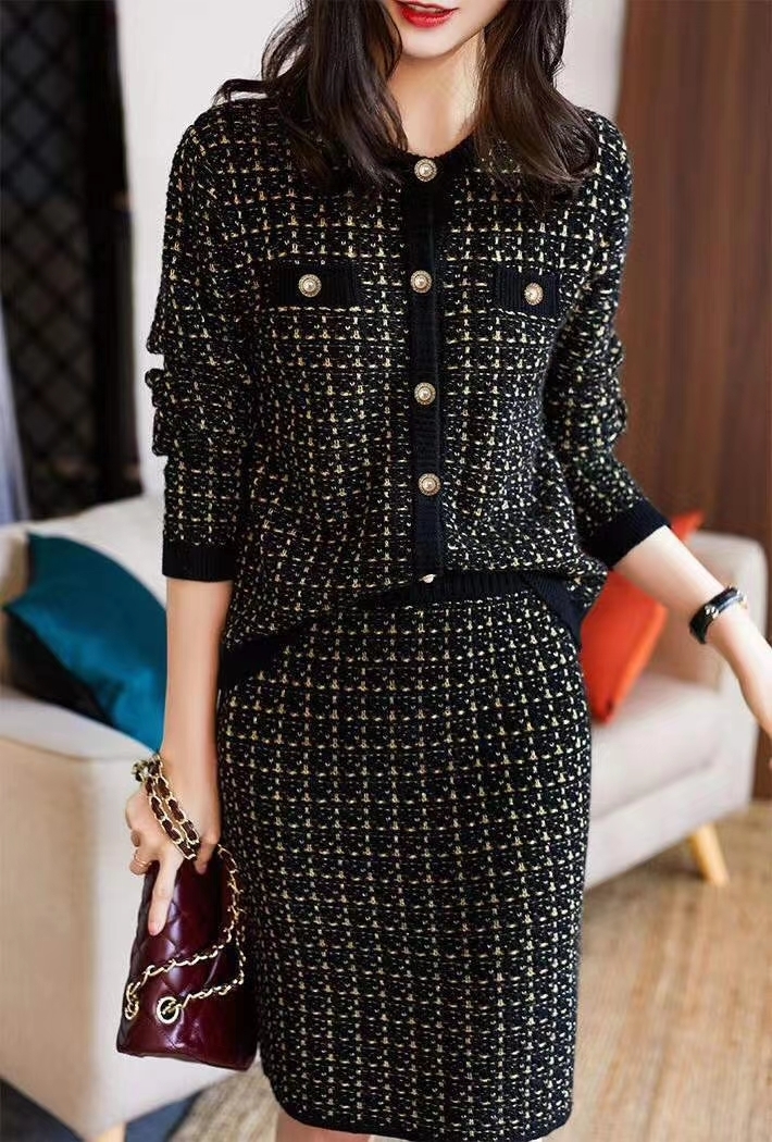 Women's Knits Tees Herstory Suit Autumn Temperament Cardigan Slim Bag Skirt And Knitted Twopiece 230324