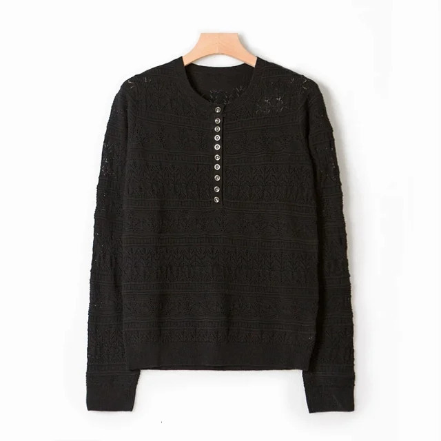 Women's Knits Tees White or Black Hollow Out Sweater Long Sleeve Temperament Front Buttons Knitwears Female ONeck Jumper Early Autumn 230324