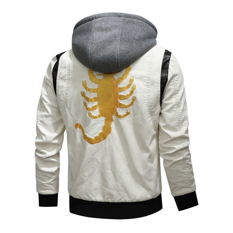 Men's Leather Faux Autumn Winter Bomber Jacket Men Scorpion Embroidery Hooded PU Motorcycle Mens s and Coats 230324