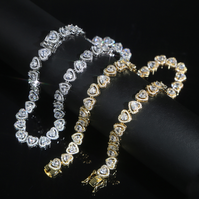 Heart Tennis Chain Choker Necklace Micro Paved Iced Out Bling Cubic Zirconia Luxury Heart Shaped Lovely Charm Short Necklace