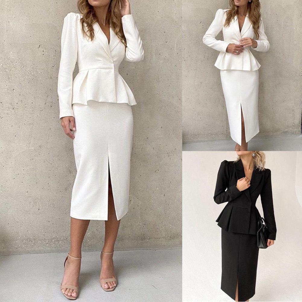 Elegant Skirts and Blazer Suits Stylilsh Long Sleeve Short Jacket Coat High Waist Back Zipper Midi Skirt 230324