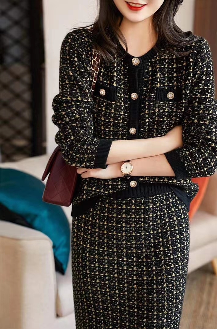 Women's Knits Tees Herstory Suit Autumn Temperament Cardigan Slim Bag Skirt And Knitted Twopiece 230324