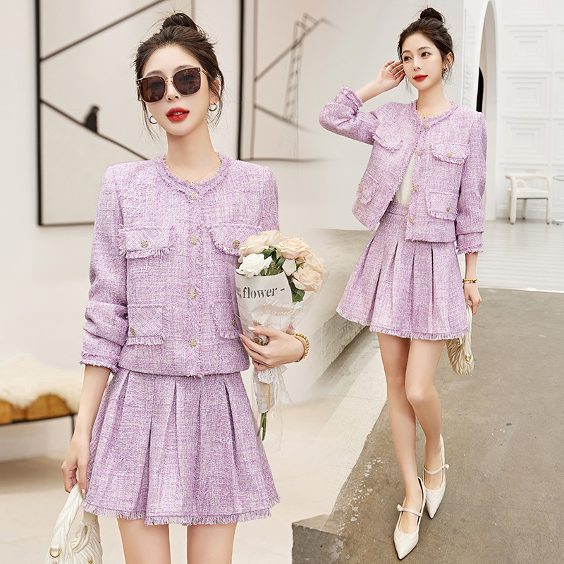 Two Piece Dress Small Fragrant Suits Short Skirt Set Female Spring Korean Fashion Sweet Temperament Pleated ALine Mini piece Suit 230324