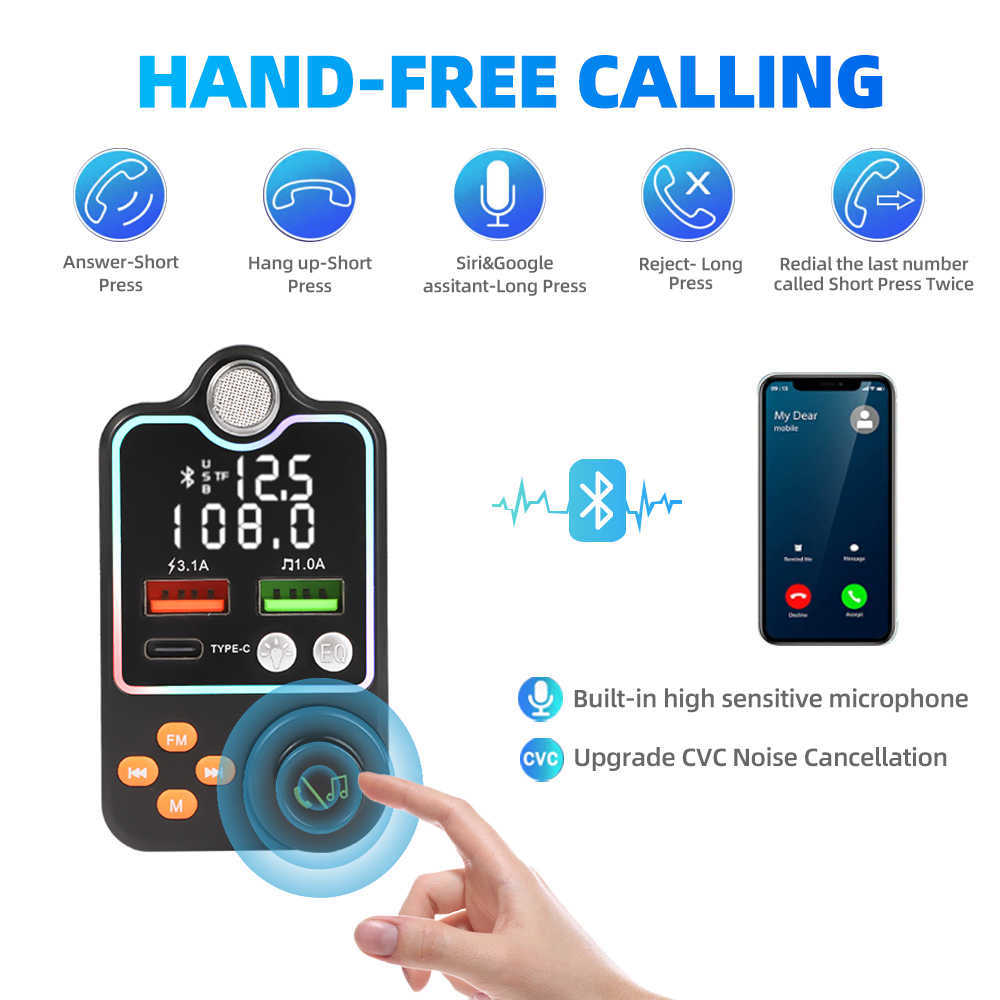 Bluetooth 5.0 Car FM Transmitter Dual USB Car Charger PD Type-C Fast Charging Wireless Handsfree Call Audio Receiver MP3 Player