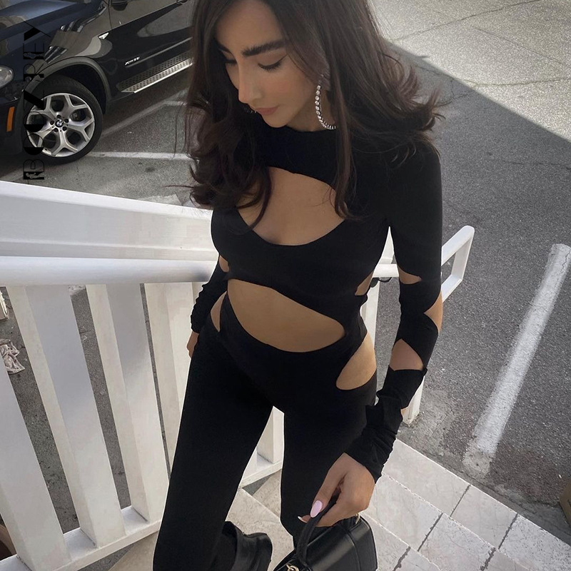 Women's Jumpsuits Rompers BoozRey Black Sexy Backless Hollow Out Jumpsuits Women Casual Pencil Pants Rompers Club Party Clothes Lady Bodysuit 230