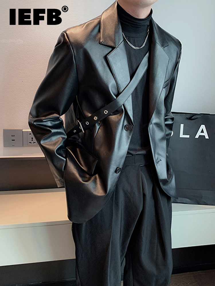 Men's Leather Faux IEFB Pu Coat Niche Korean Fashion Suit Loose Cotton Thick 2023 Autumn Solid Color Long Sleeve Male Jacket 9A5240 230324
