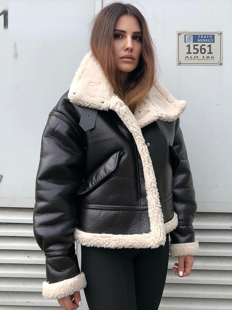 Women's Jackets 2023 Women Jacket Fashion Thick Warm Faux Leather Coat Vintage Long Sleeve Flap Pocket Female Outerwear Chic Tops 230324