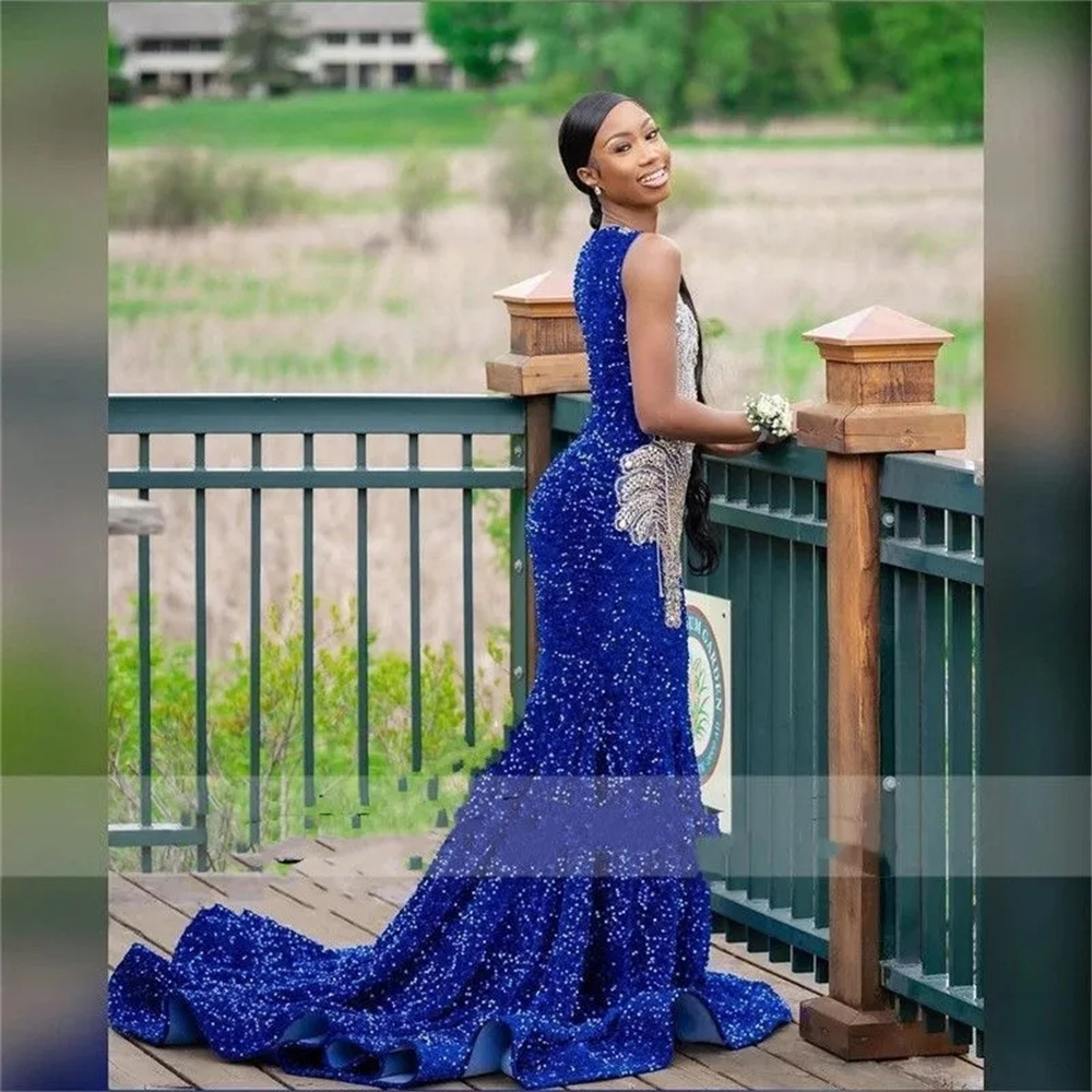 Sparkle Royal Blue Sequin Prom Dress 2023 For Black Girls Elegant Mermaid Crystal Evening Gown Sleeveless Plus Size Formal Party Recepiton Pageant Spe